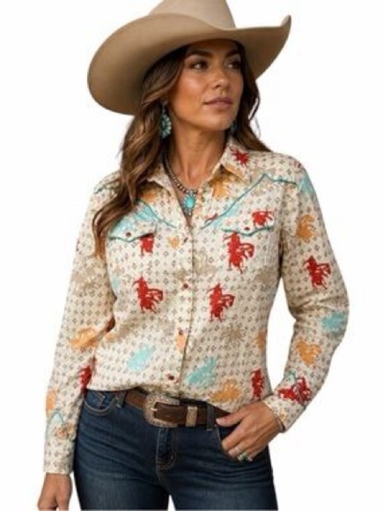 Wrangler Tops - Wrangler Cream Western Button-Down with Red Turquoise Horse Print - M